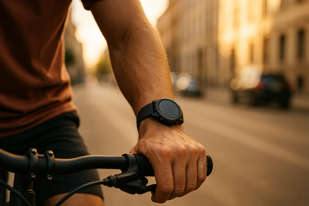 Cyclist wearing a sports watch riding through the city