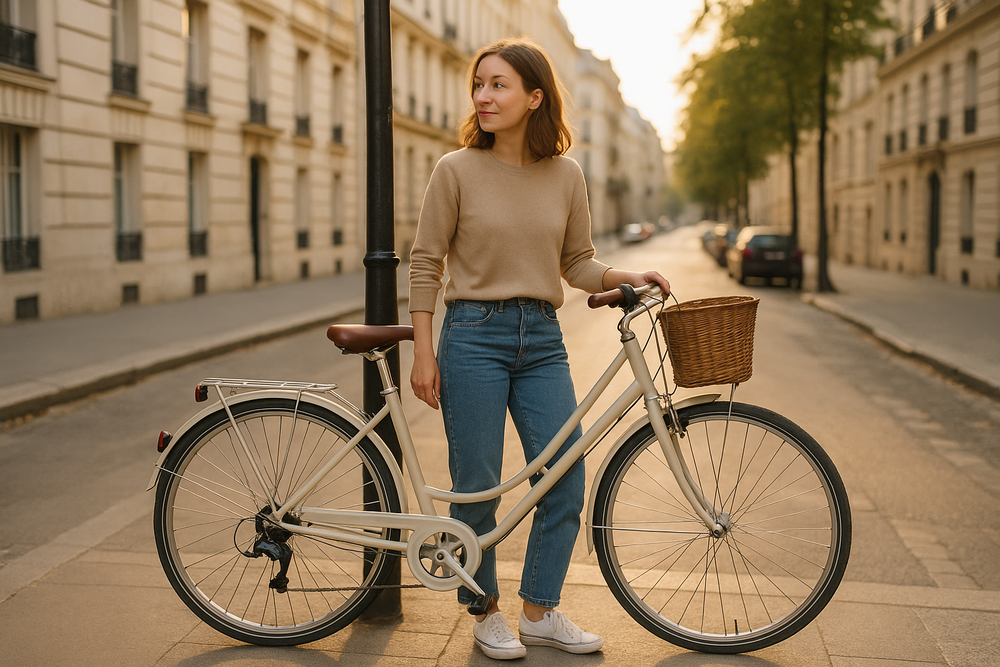 A short rider standing comfortably beside a small step-through city bike