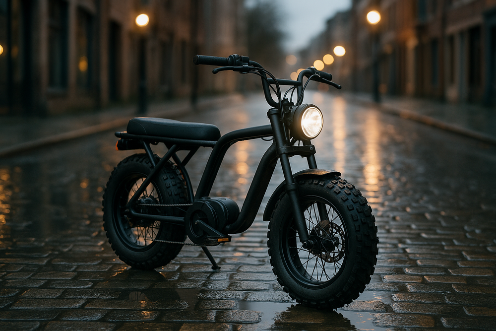 A rugged fat-tyre electric bike parked alone on a wet city street at dusk