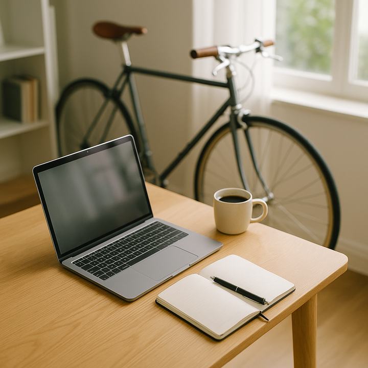Behind the scenes of Velorution: a laptop and notebook on a desk in a bright home office, with a city bicycle leaning against the wall