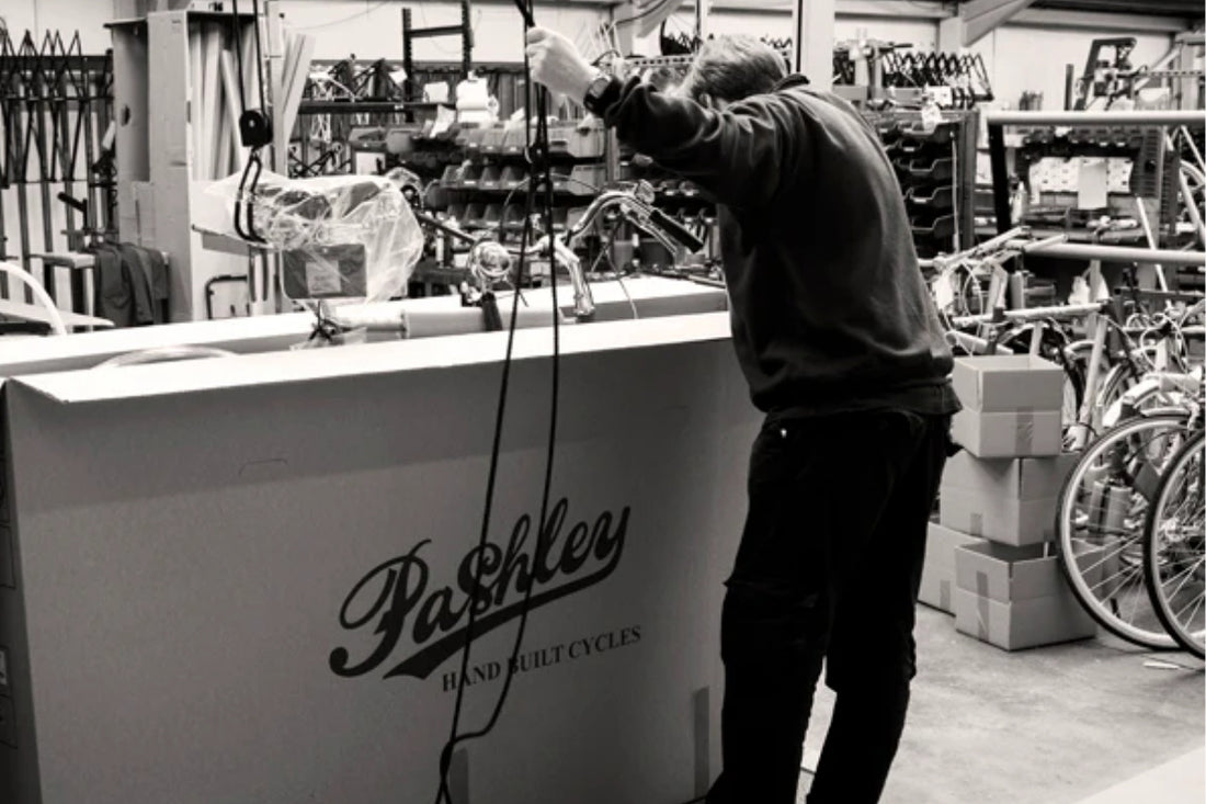 A classic Pashley bicycle frame being hand-built in the Stratford-upon-Avon factory workshop