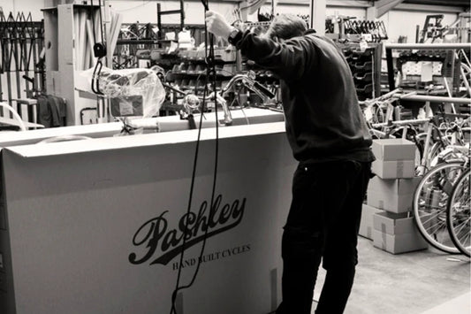 A classic Pashley bicycle frame being hand-built in the Stratford-upon-Avon factory workshop