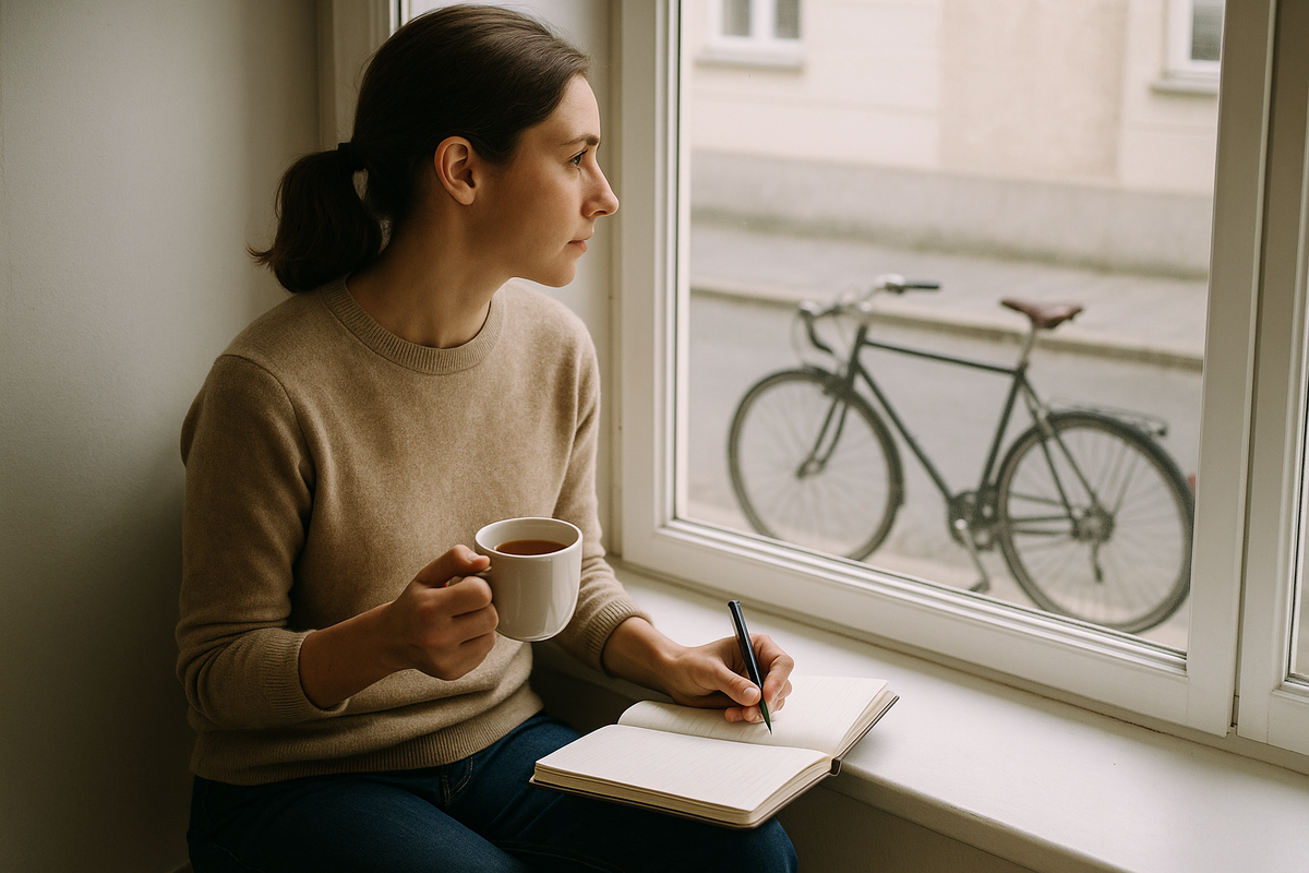 A person sits by a window with tea and a notebook, a bicycle parked on the street below