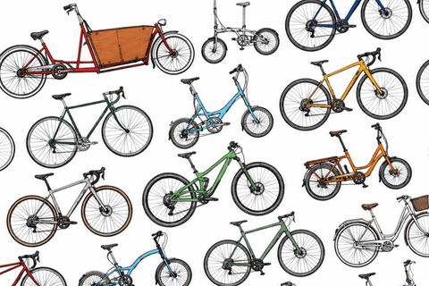 Illustrated grid of everyday bicycles: cargo bike, folding bike, road bike, hybrid, step-through, mountain bike, all drawn the same size. Any bike will do.