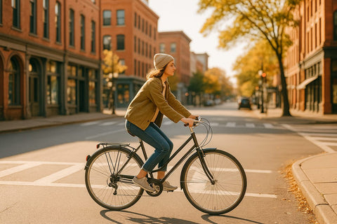 A cyclist riding a city bike through a sunlit American downtown street