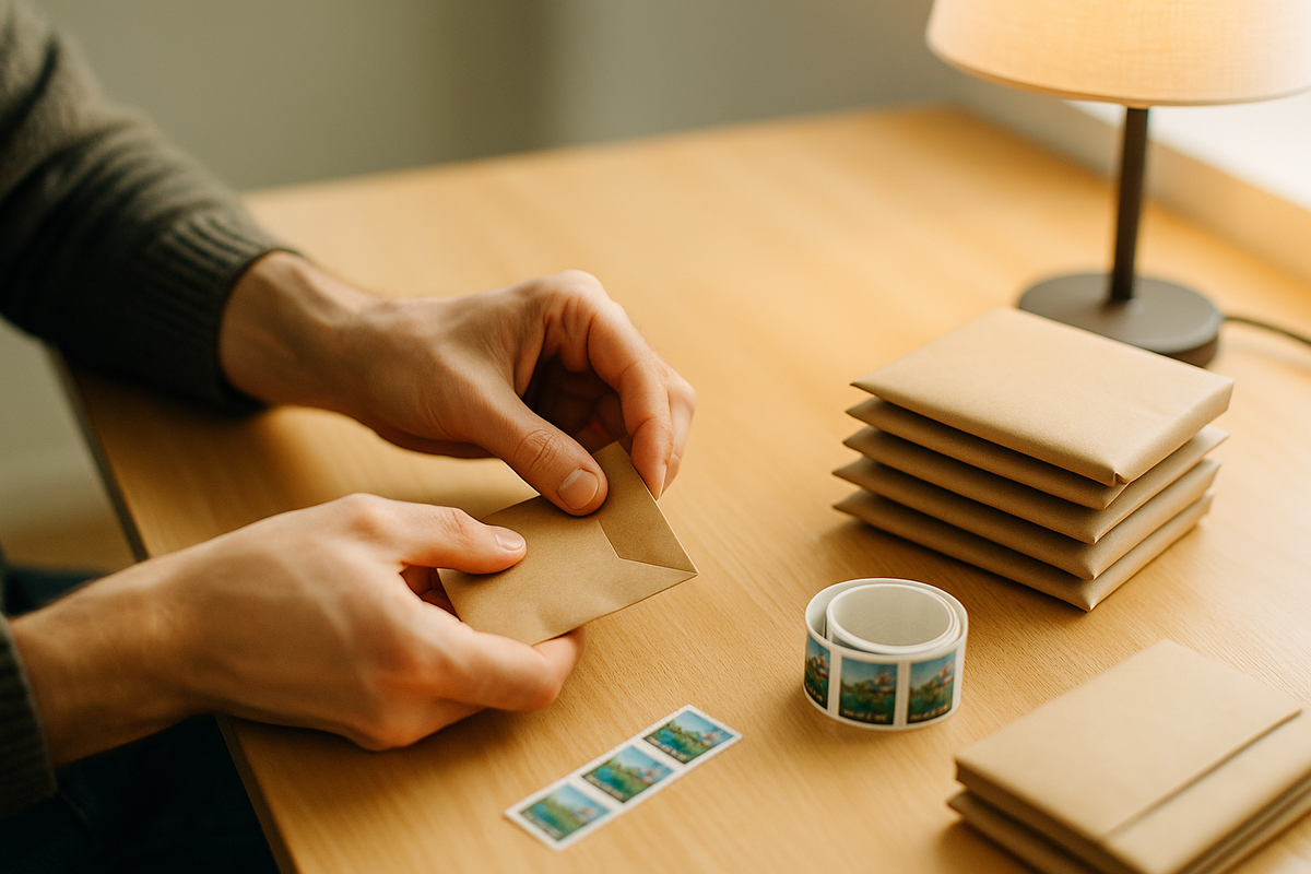 Hands packing kraft envelopes at a desk beside a small stack of finished parcels