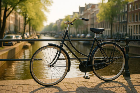 Classic Dutch city bike beside an Amsterdam canal