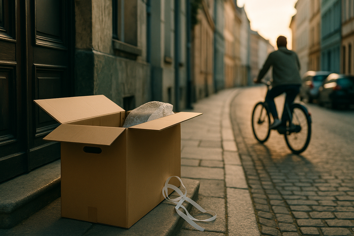 A budget bike box being unpacked on a doorstep while a rider heads off on a quality e-bike
