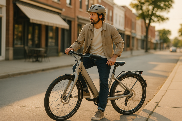 Rider pausing on an electric commuter bike outside a coffee shop at golden hour