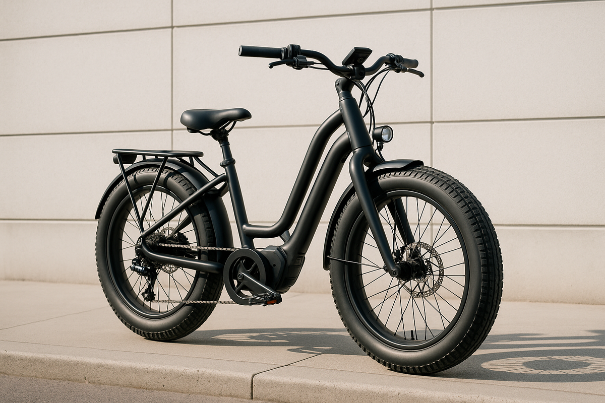 A sturdy wide-tyred electric city bike in bright daylight