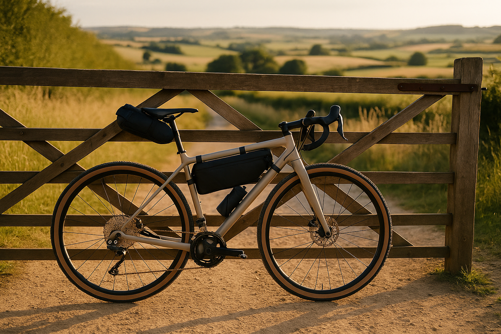 Gravel bike resting on a dirt track at golden hour, ready for a weekend adventure