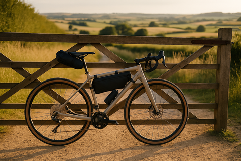 Gravel bike resting on a dirt track at golden hour, ready for a weekend adventure