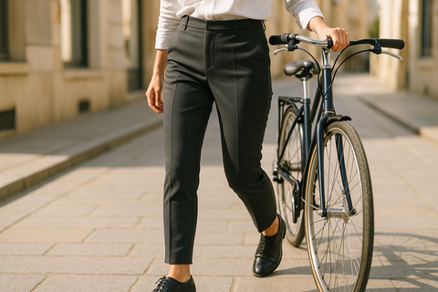 Smart tailored womens cycling trousers on a sunny commute