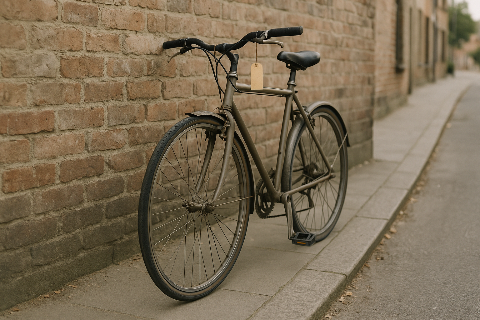 A secondhand bike leaning against a wall with a handwritten price tag on the handlebars