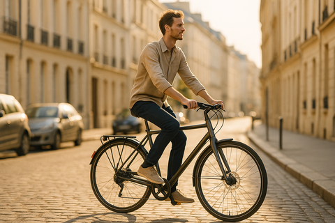 A tall rider cycling comfortably upright through a sunlit city street