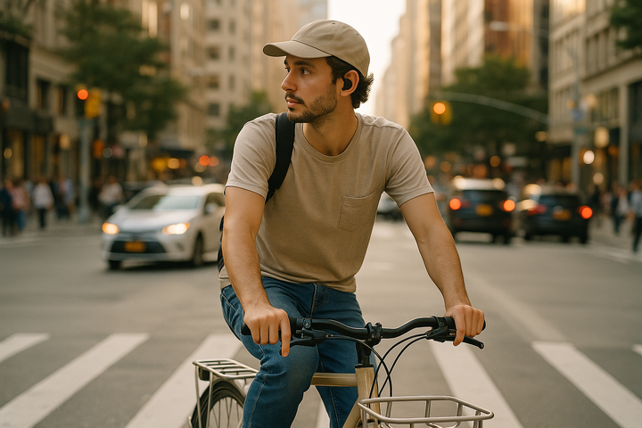 Cyclist riding through a city street wearing open-ear headphones, aware of surrounding traffic