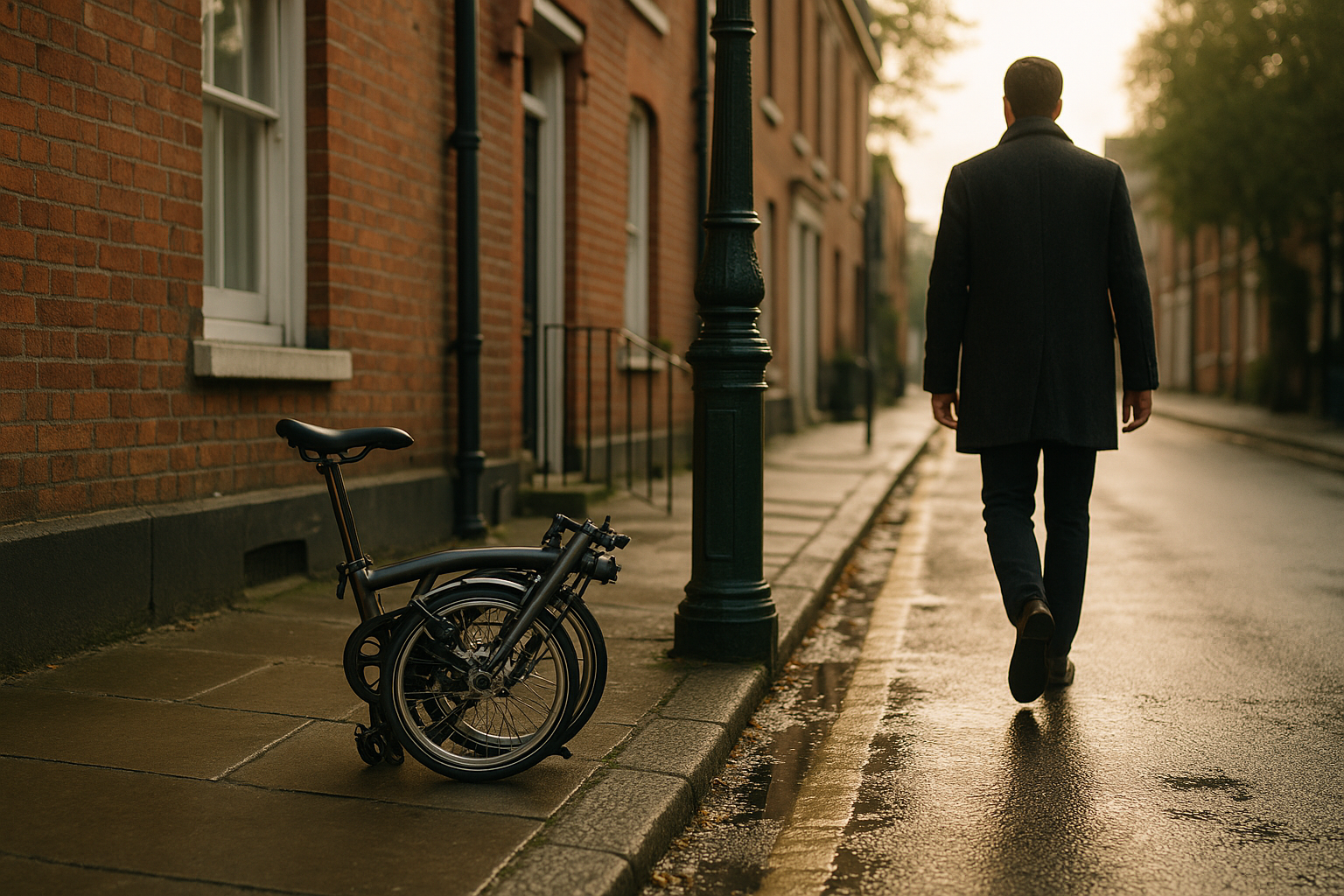 A folded folding bike standing on a wet city pavement at dawn as a commuter walks past