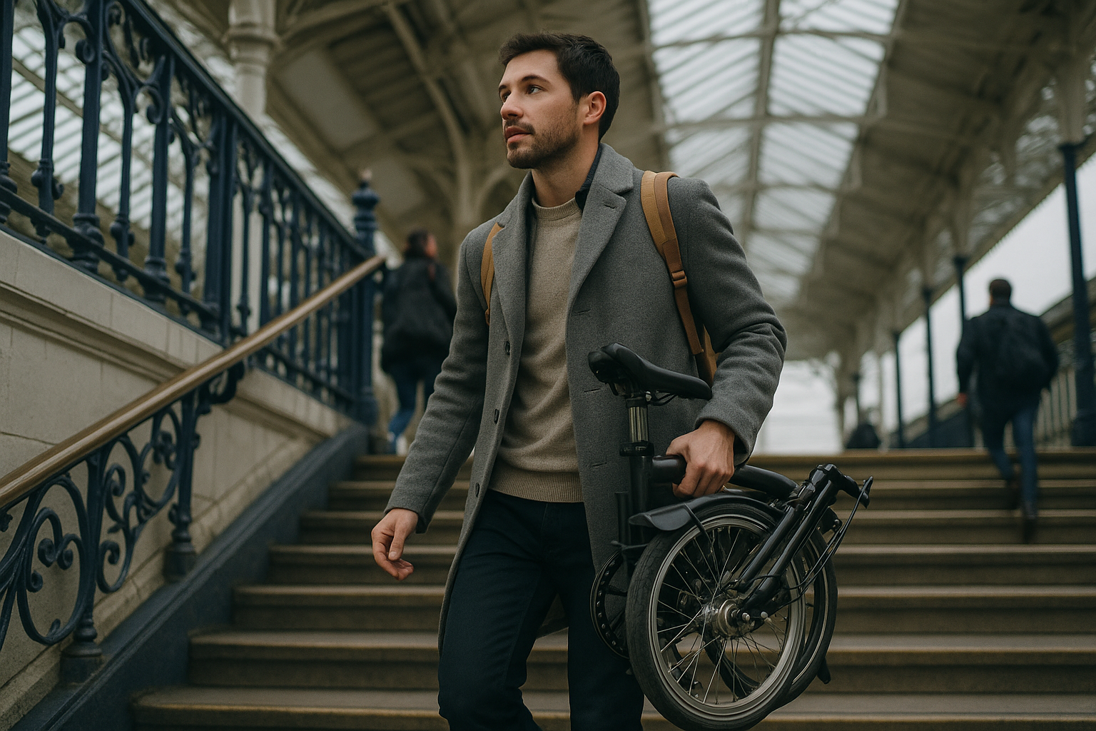 Commuter carrying a folded folding bike one-handed up railway station stairs in early morning light