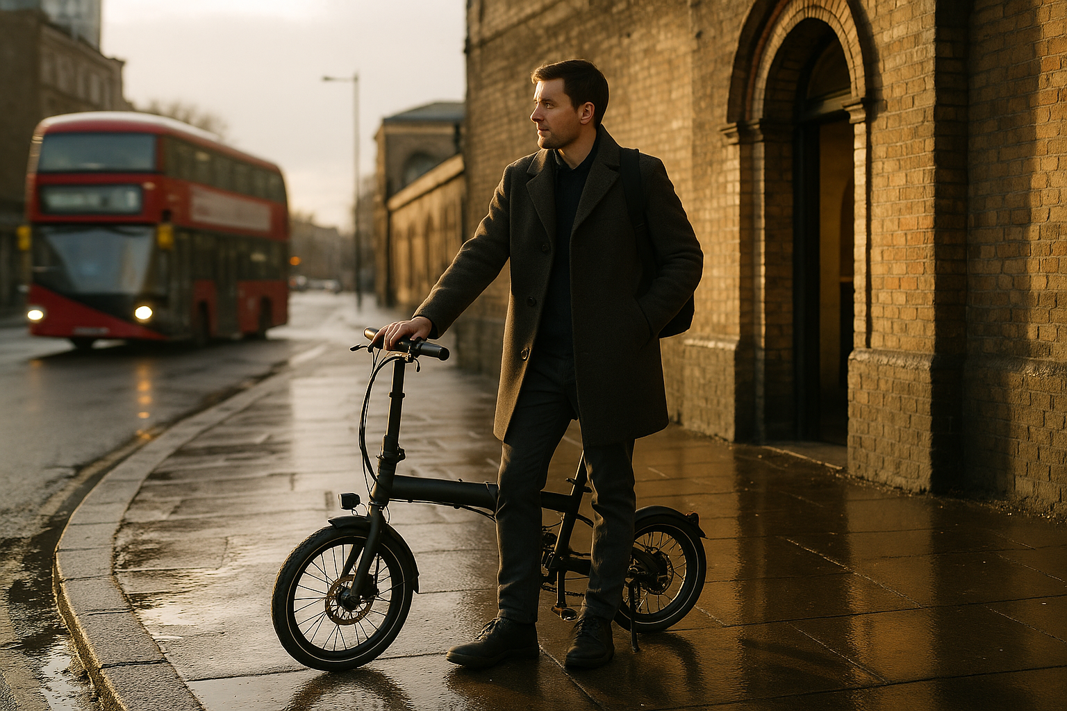 Commuter with a compact folding electric bike pausing outside a city railway station on a wet early morning