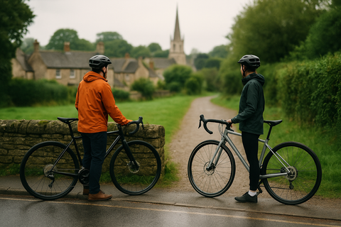 Two riders pausing with their folding bikes where a tarmac road meets a gravel lane on the edge of a British market town