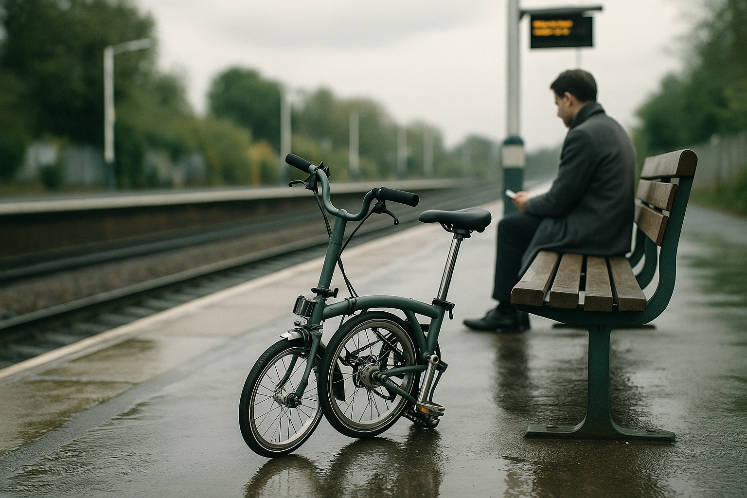 A folded folding bike parked beside a bench on a British railway platform on an overcast morning