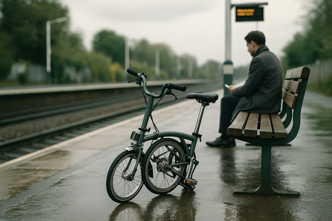 A folded folding bike parked beside a bench on a British railway platform on an overcast morning