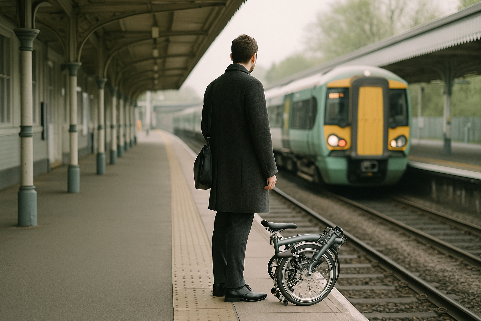A commuter waits on a British railway station platform in the early morning with a folded folding bicycle at their feet
