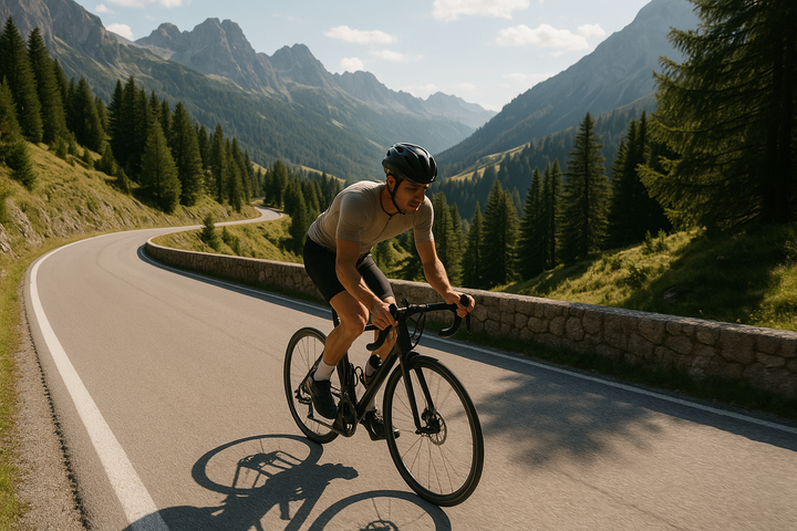 Road cyclist climbing a mountain switchback in evening light