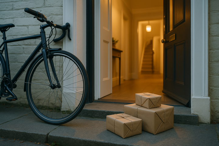 Wrapped gifts stacked on a doorstep beside a bicycle at dusk