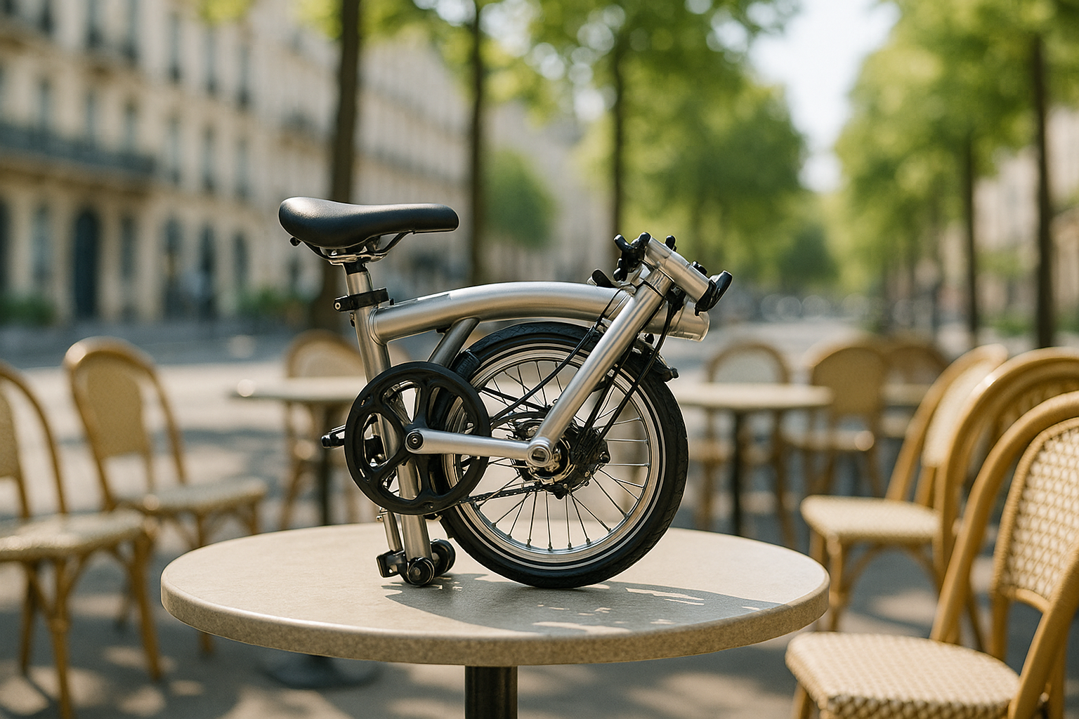 A neatly folded compact folding bike on a sunny cafe table