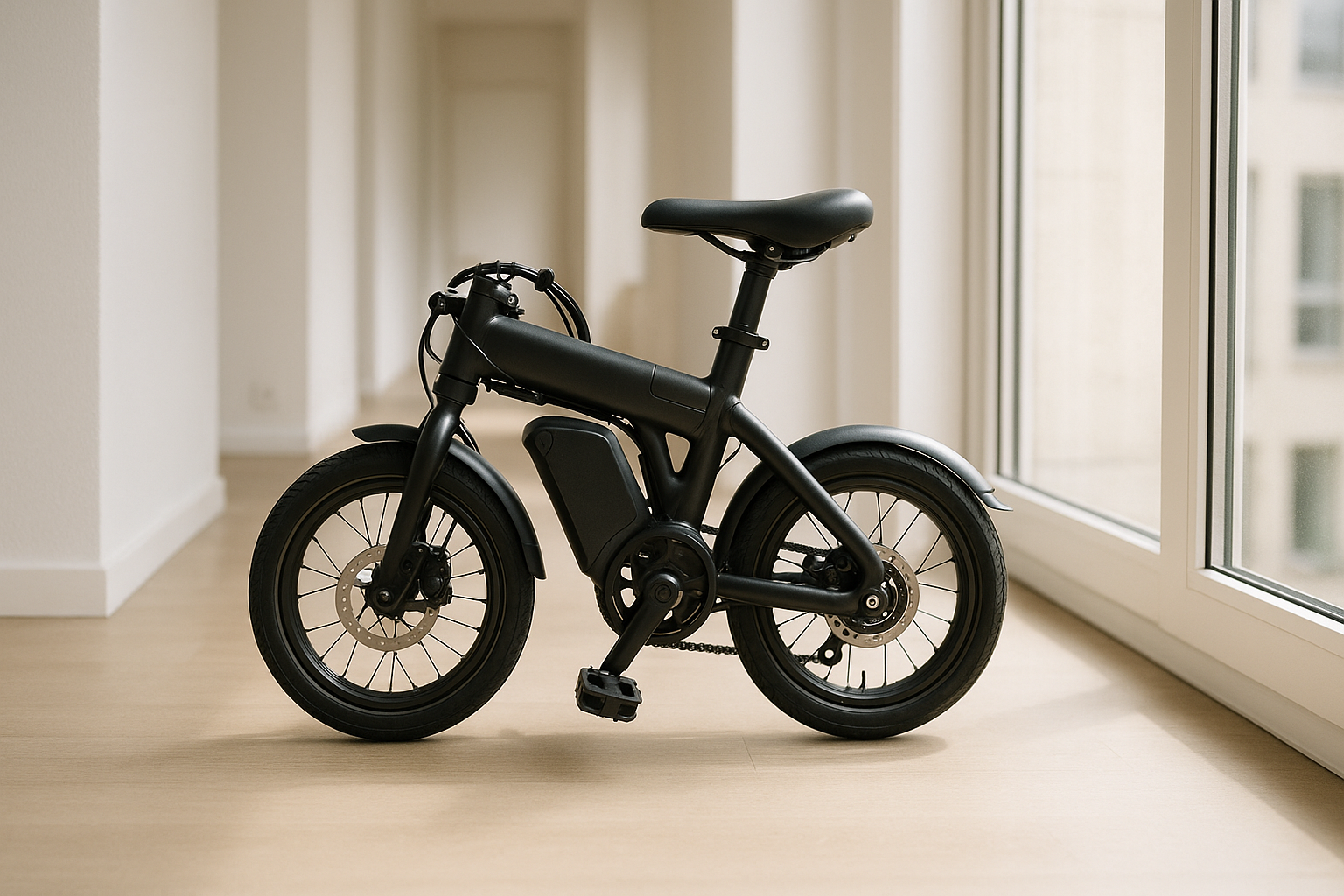 A compact electric folding bike in a bright hallway