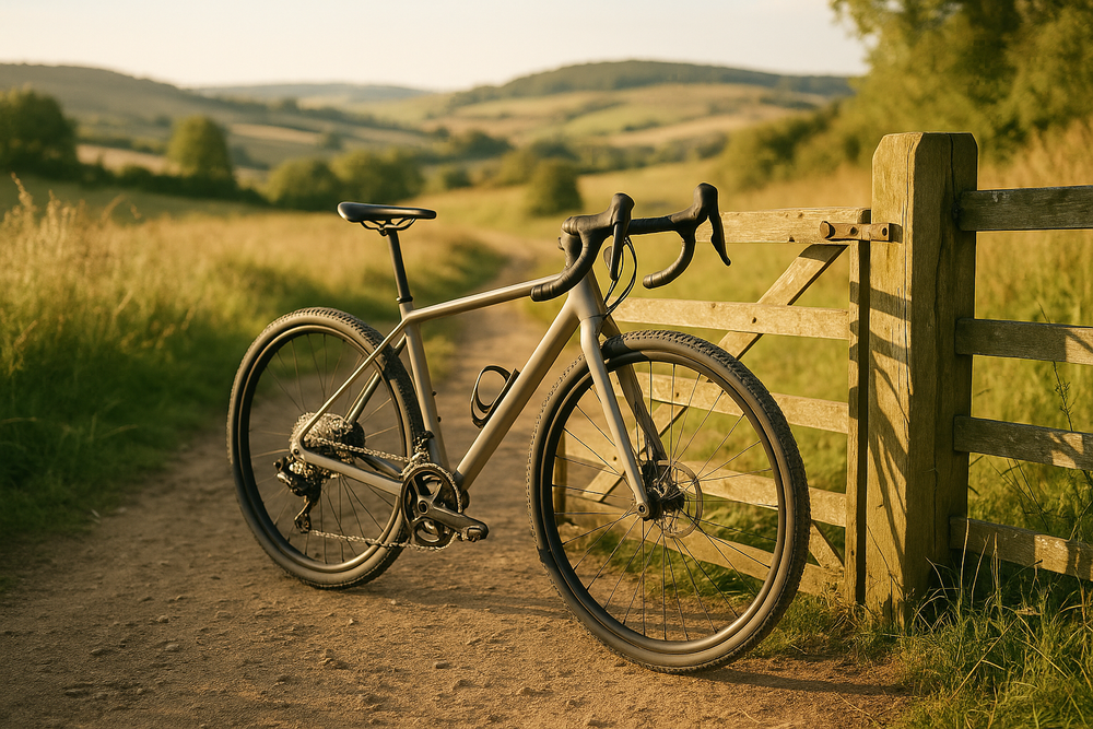 A lightweight gravel bike leaning against a gate on a countryside trail at golden hour