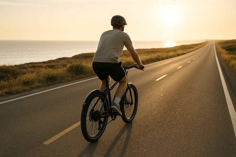 Cyclist riding an electric bike down a long open road at golden hour
