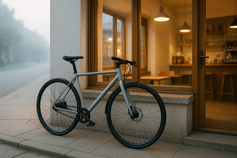 A belt-drive city bike outside a coffee shop at dawn
