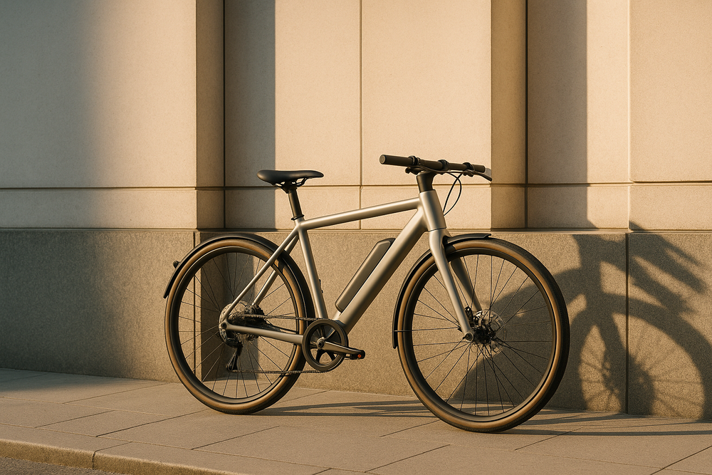 A sleek, design-led electric bike parked against a modern city facade