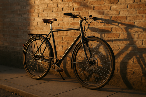 A solid steel city bike leaning against a brick wall in evening light