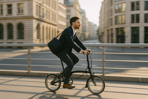 Commuter riding a folding bike at speed through a city in morning light
