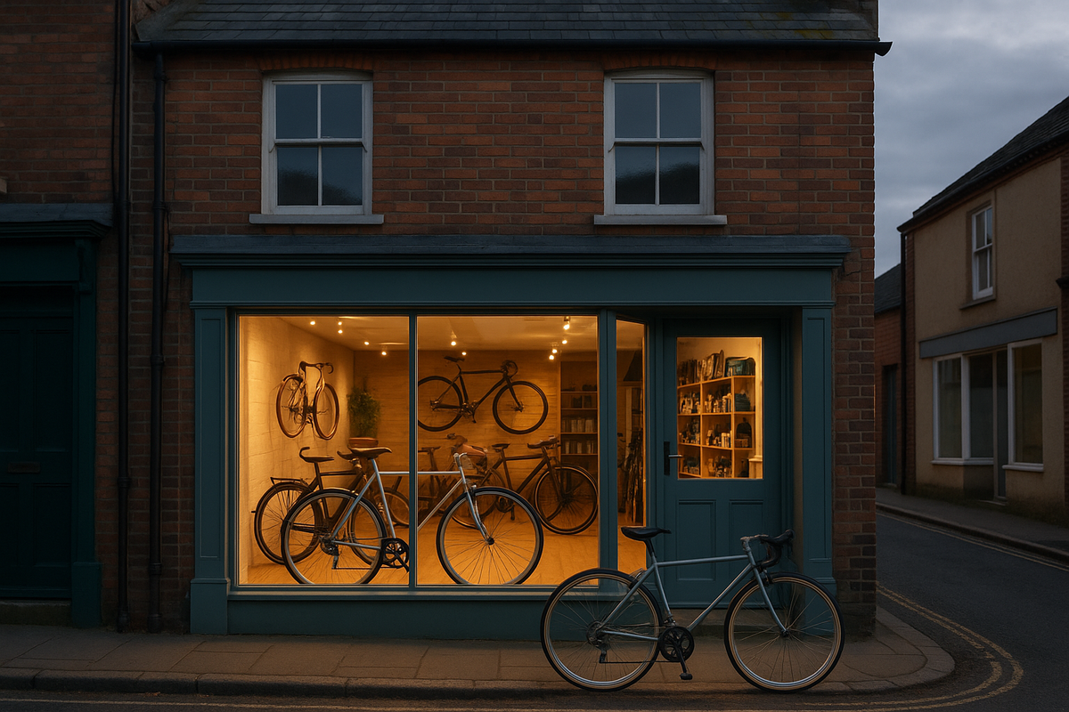 A small independent bicycle shop storefront glowing warmly on a quiet high street at dusk