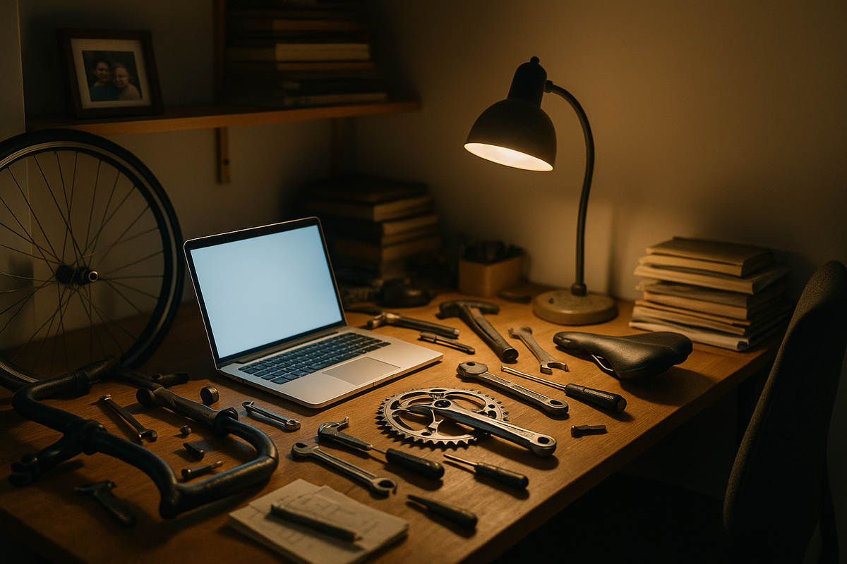 A cluttered home office desk at night with a laptop and scattered bicycle parts under a warm desk lamp