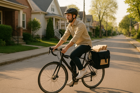 A cyclist rides through a quiet morning street with a pannier bag full of envelopes