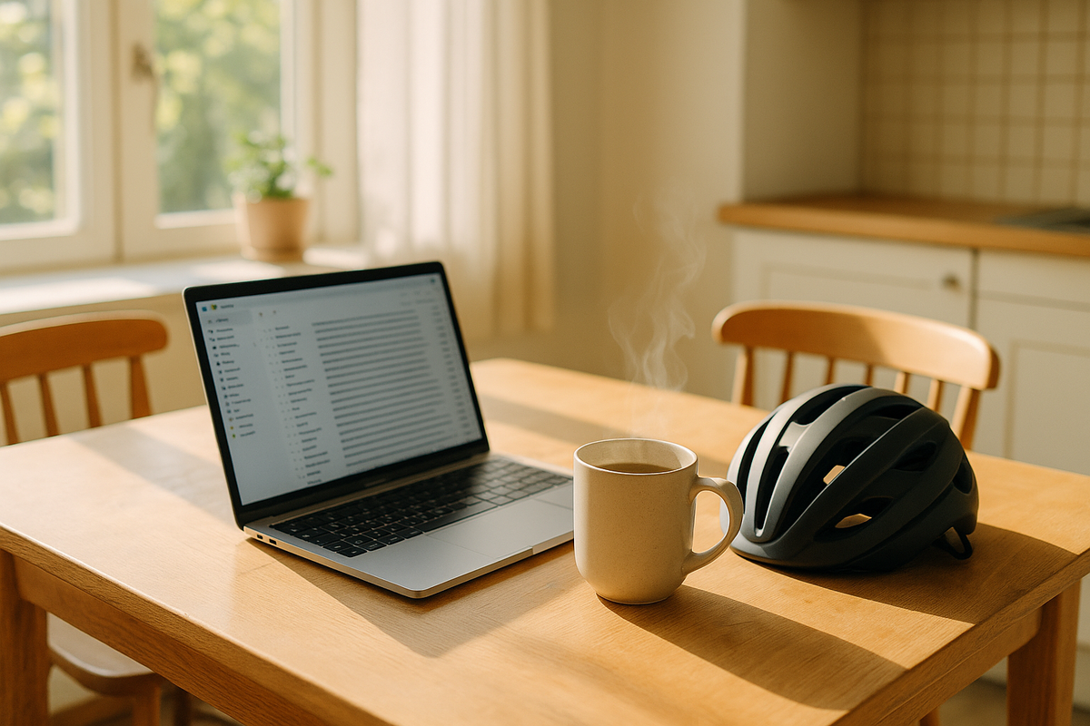 Laptop with a full inbox on a kitchen table beside a mug of tea and a cycling helmet in morning light