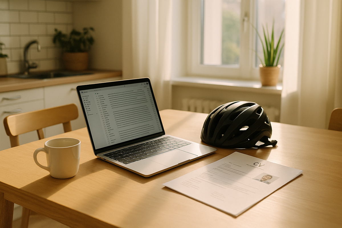 A morning kitchen table with a laptop full of replies, a cycling helmet, and papers nearby