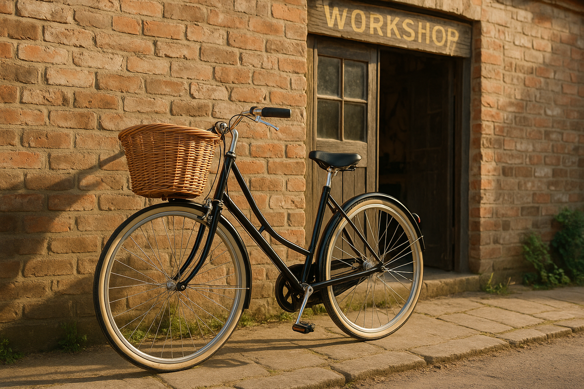 A classic traditional bicycle with a wicker basket parked outside a small brick workshop