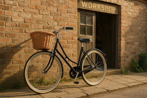 A classic traditional bicycle with a wicker basket parked outside a small brick workshop