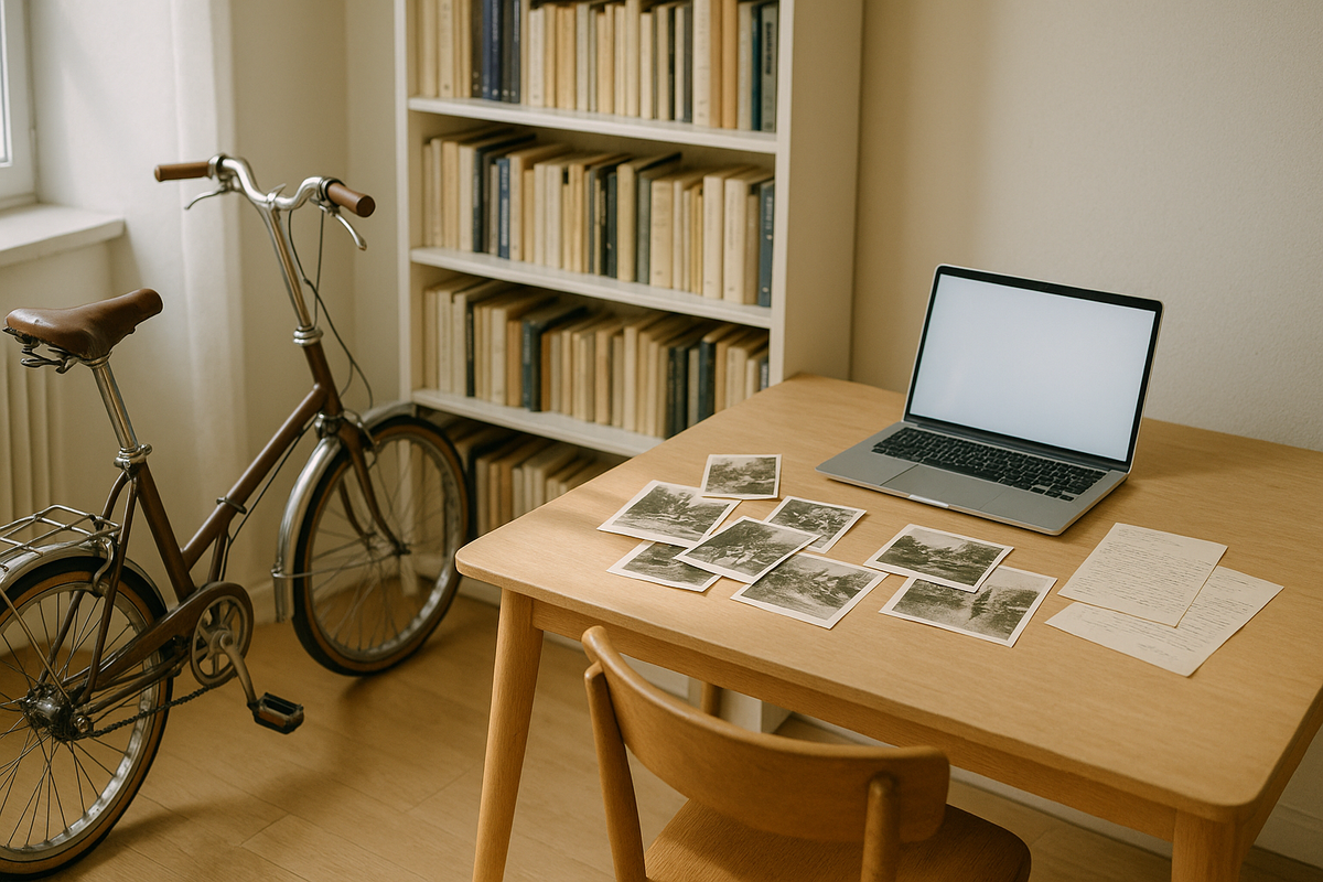 A folding bicycle beside a desk scattered with old photographs and letters, evoking uncovered history